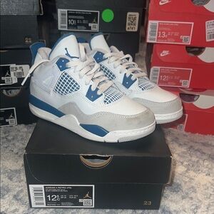 Kids Jordan Retro 4 White and Blue Shoes